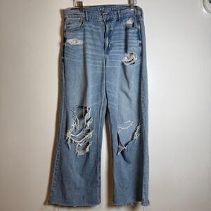 American Eagle Super High Rise Baggy Wide Leg Jeans Light Wash Distressed Size 8